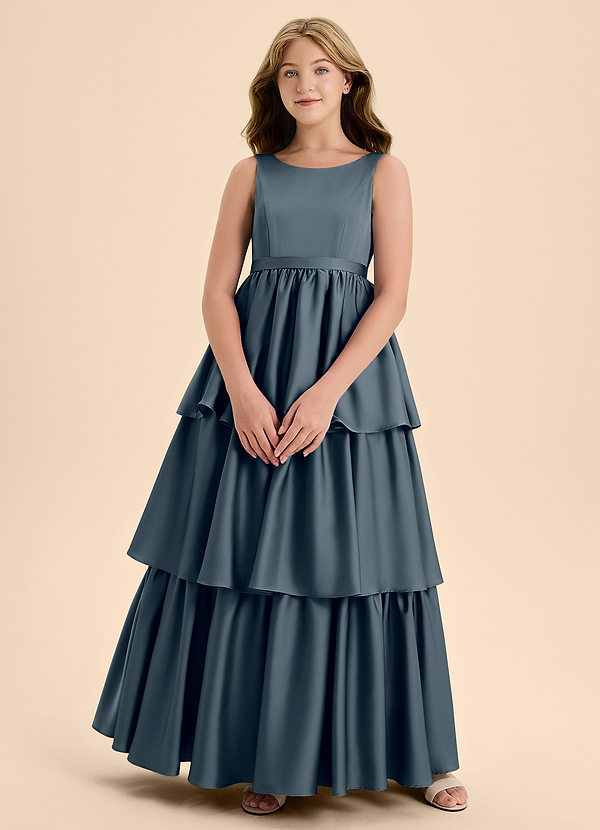 Azazie Meadowyn Junior Vestido de Crepúsculo de Satén Elástico de Corte En A con Lazo image1