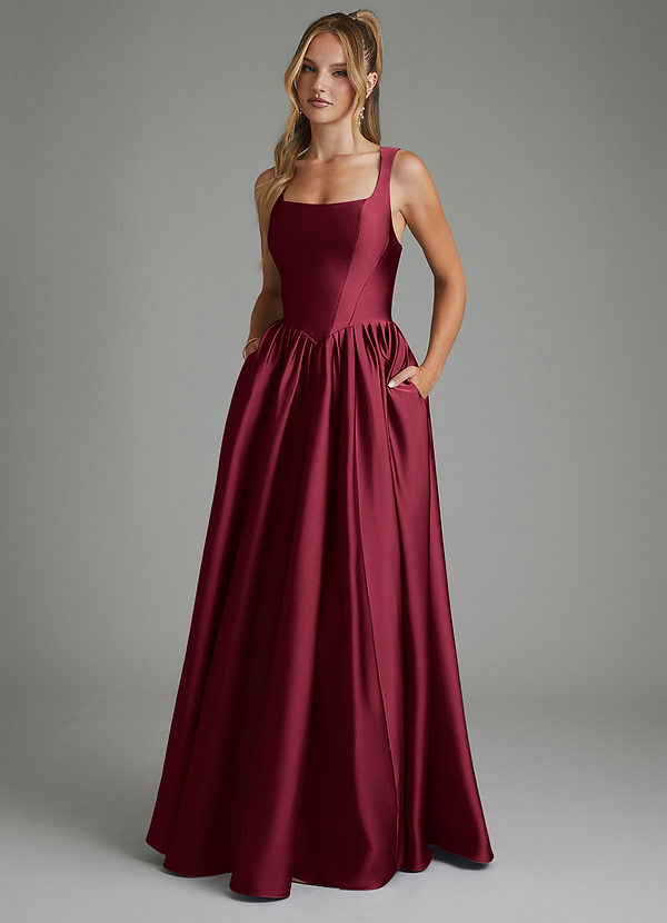 Azazie Nevaeh Bridesmaid Dresses Burgundy A-Line Corset Stretch Satin Dress image1