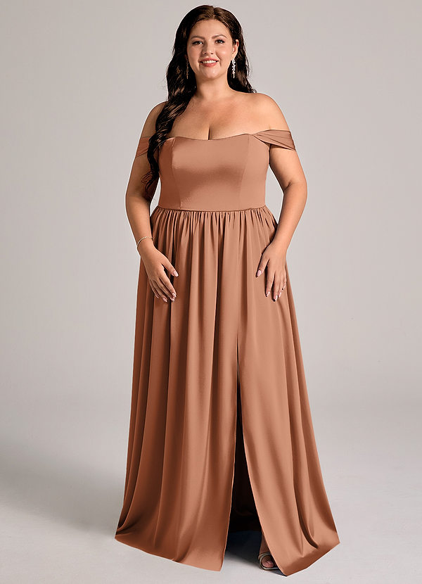 Azazie Calianna Abiti da Damigella Abito Convertibile A-Line in Raso Elasticizzato a Spalla Scoperta Bronzo image1