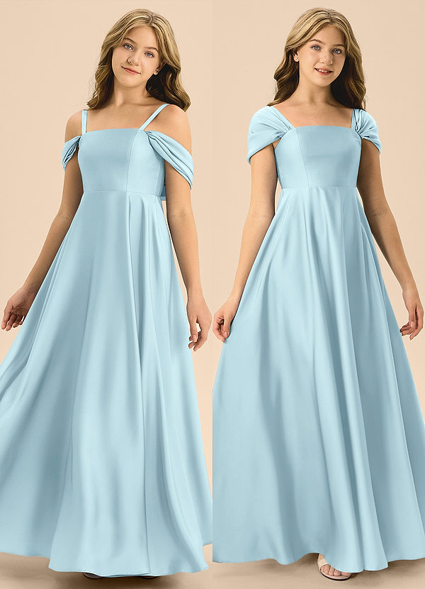 Azazie Rowena Junior A라인 절하다 스트레치 새틴 플로어 길이 주니어 신부 들러리 드레스 image1