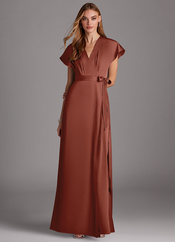 Azazie Nico Bridesmaid Dresses Auburn A-Line V-Neck Stretch Satin Dress image1