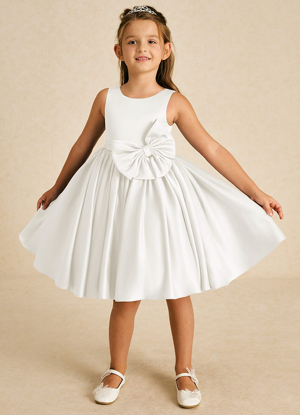 Azazie Apple Flower Girl Dresses Ivory A-Line Bow Matte Satin Dress image1