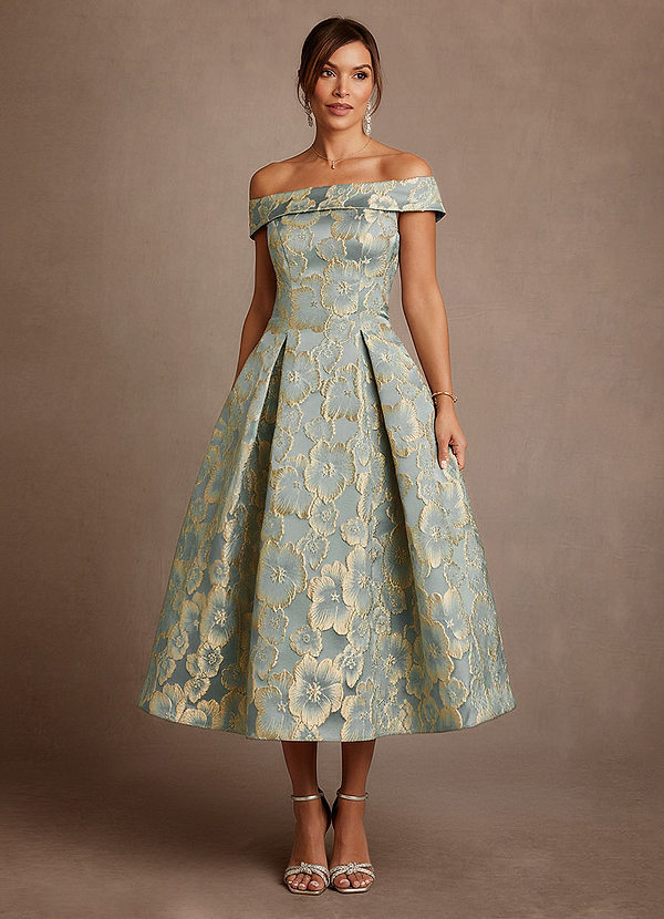 Azazie Centralia Vestidos de Madre de la Novia Vestido de Jacquard Azul Agua de Jacquard Floral de Corte en A con Vestidos sin tirantes image1
