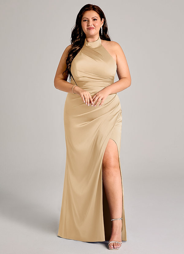 Azazie Jemma Bridesmaid Dresses Gold Sheath Pleated Stretch Satin Dress image1
