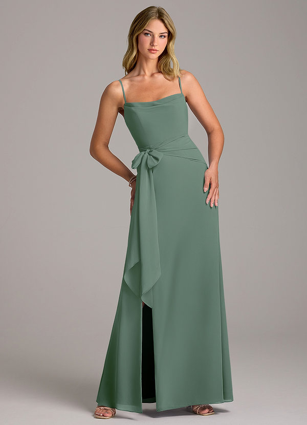 Azazie Tahlia Bridesmaid Dresses Eucalyptus A-Line with Belt Chiffon Dress image1