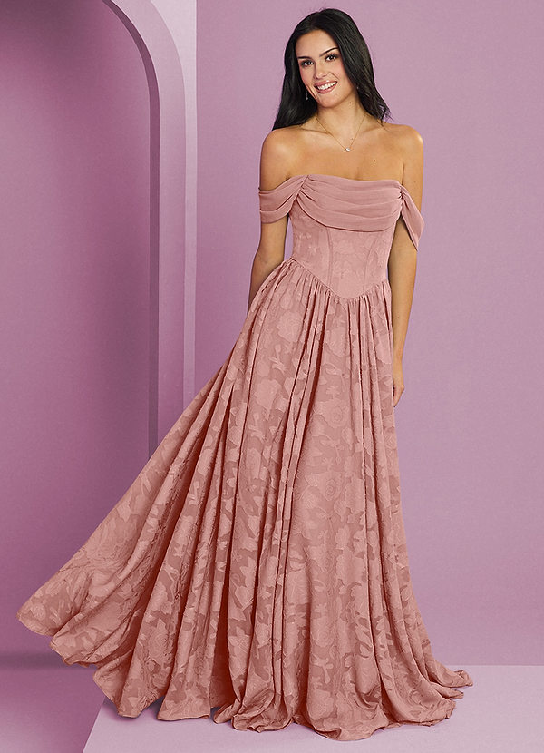 Barbie ♥ Azazie Bridesmaid Dresses Rosette A-Line Off the Shoulder Floral Burnout Convertible Dress image1
