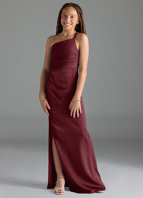 Azazie Eren Junior Cabernet Sheath Pleated Stretch Satin Dress image1