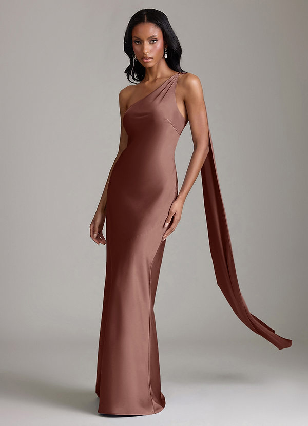 Azazie Galinda Brudtärneklänningar Klä av Sjöjungfru i Stretch Satin Ena axeln Espresso image1