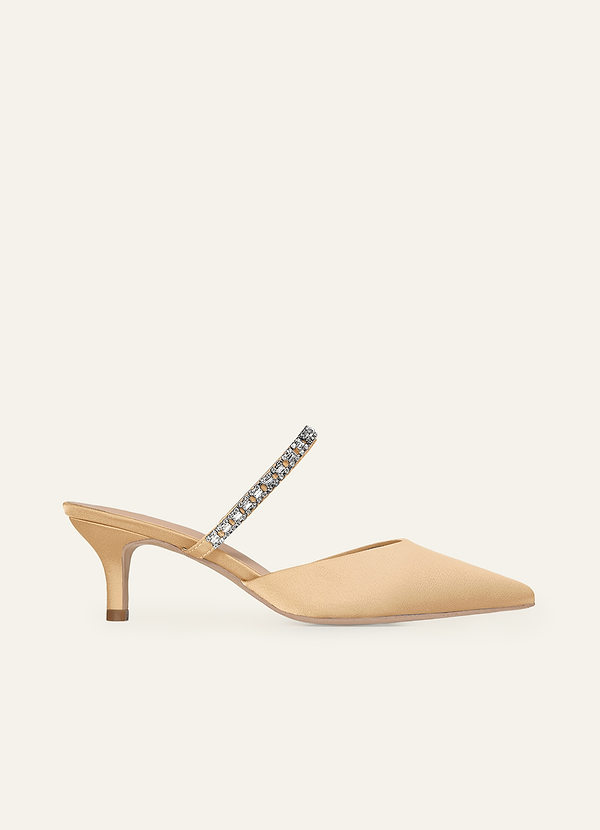 front Matching Color Stretch Satin Rhinestone Slip-on Kitten Heels