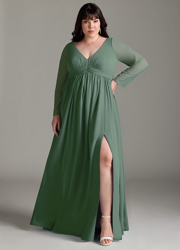 Azazie Teton Maternity Bridesmaid Dresses A-Line Long Sleeve Chiffon Floor-Length Dress image1