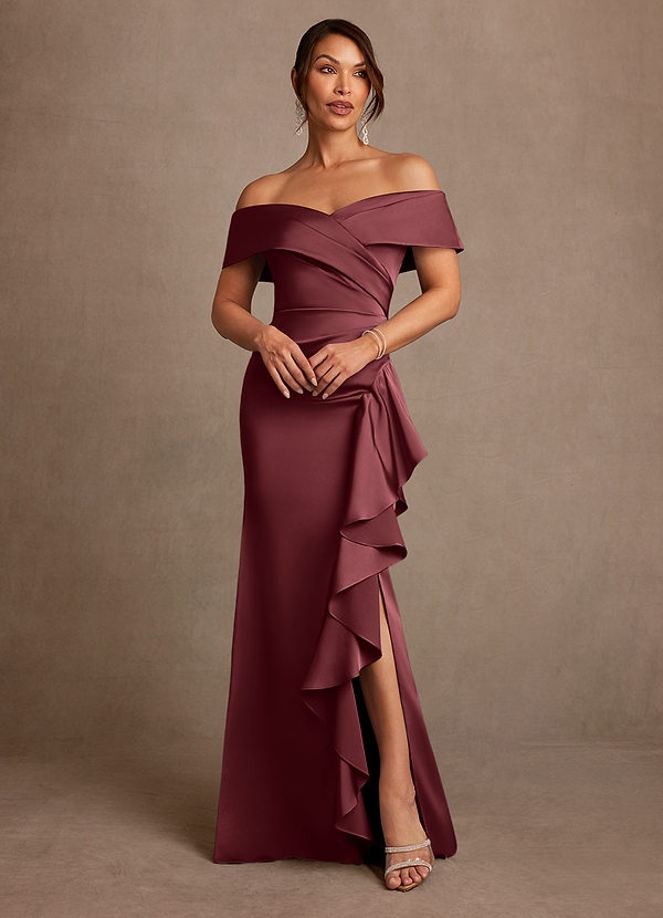 Azazie Kirsty Mother of the Brides Dresses Merlot Sheath Off the Shoulder Stretch Satin Dress image1