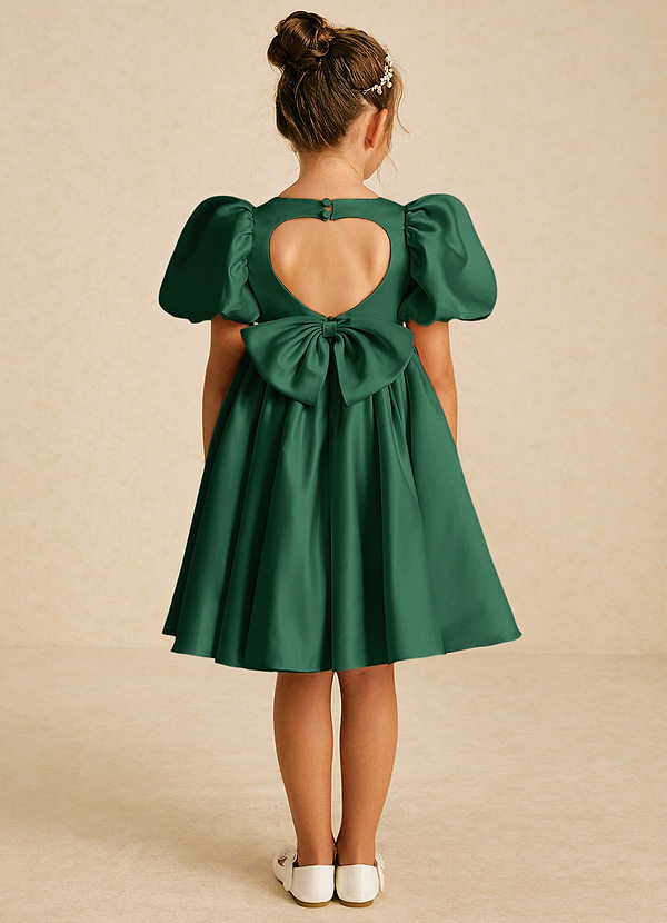 Azazie Muffin Flower Girl Dresses Dark Green A-Line with Sleeves Matte Satin Dress image1