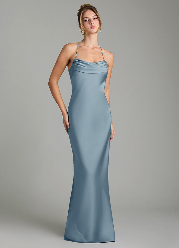 Azazie Mae Bridesmaid Dresses Dusty Blue Mermaid Pleated Stretch Satin Dress image1