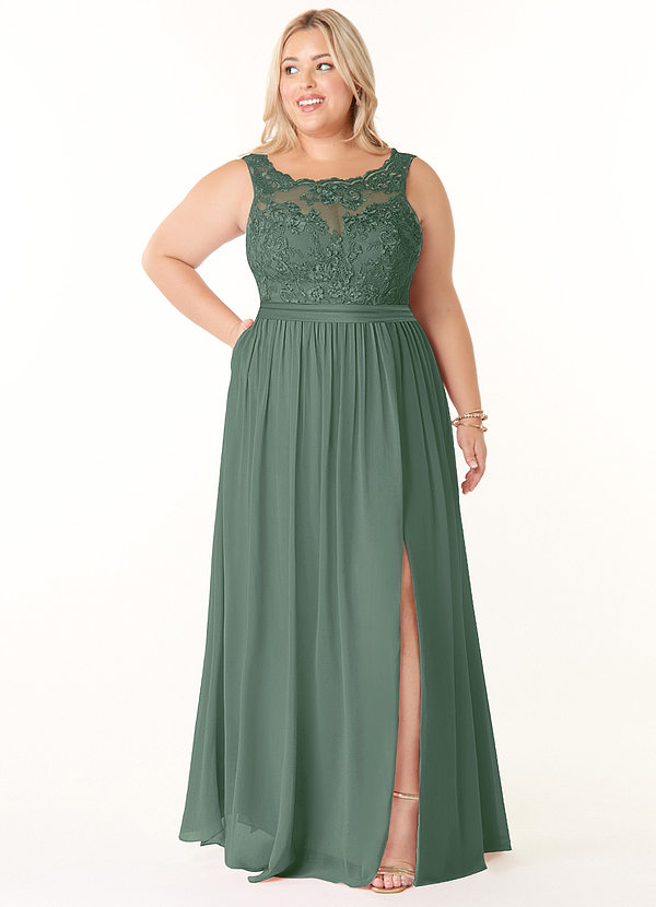 Azazie Elly Bridesmaid Dresses Eucalyptus A-Line Lace Scoop Neck Chiffon Dress image1