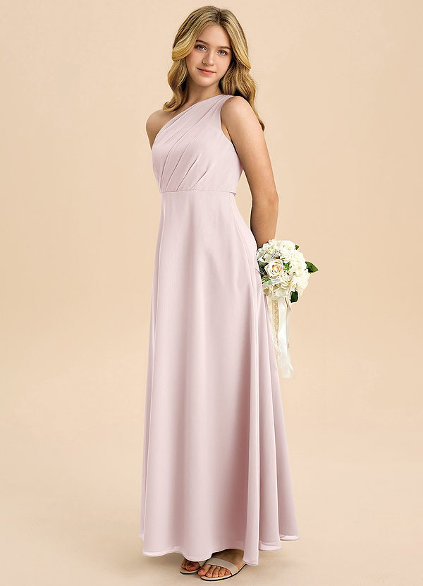 Azazie Phaedra Junior Jurk van Chiffon met A-Lijn Geplooid Blozend Roze image1