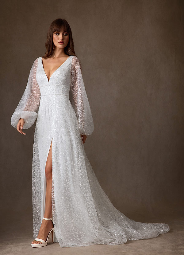 Azazie Gaia Wedding Dresses Diamond White A-Line V-Neck Beading Dress image1