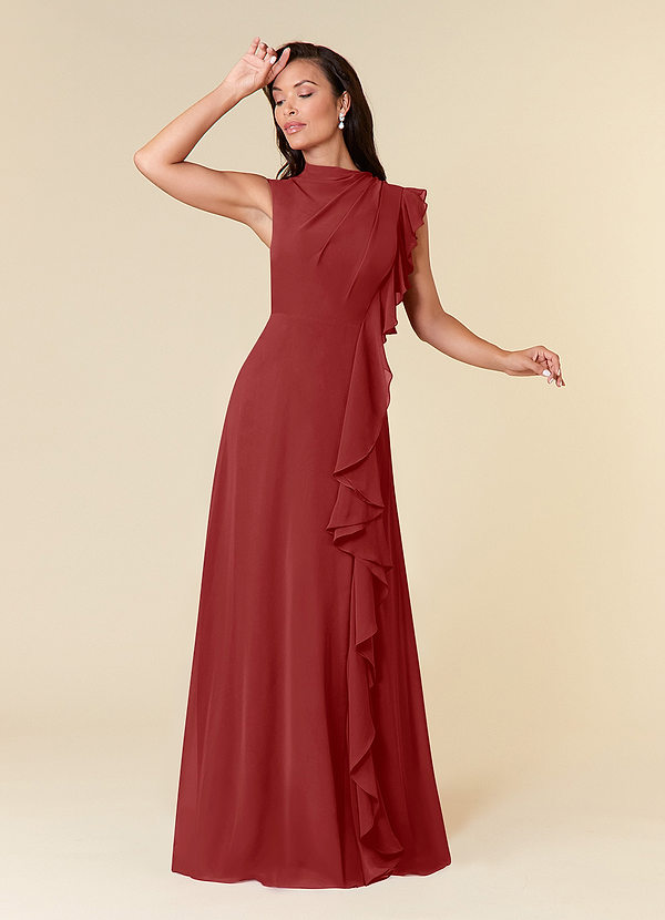 Azazie Narine Mother of the Brides Dresses Rust A-Line High Neckline Pleated Chiffon Dress image1