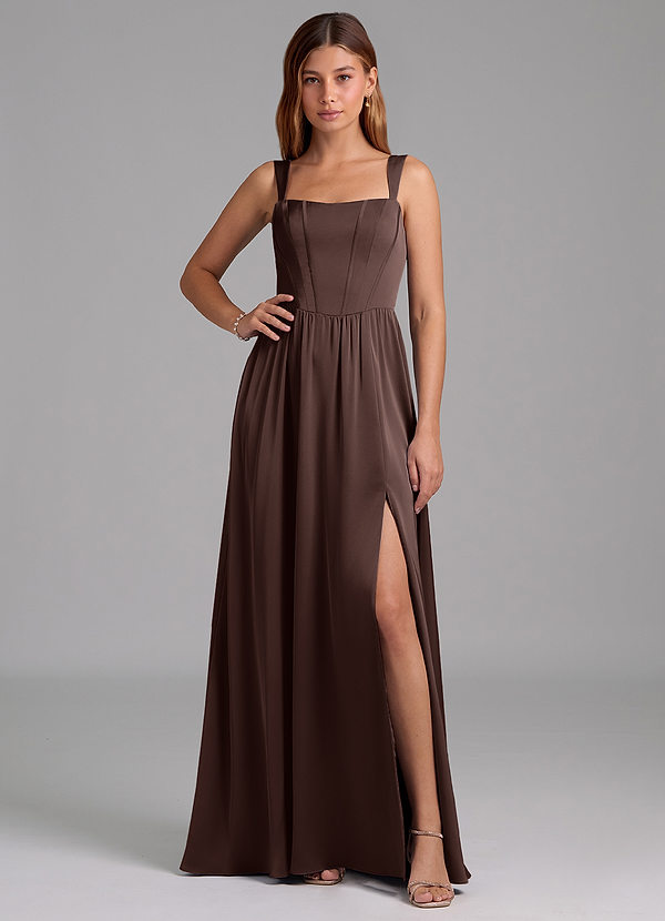 Azazie Rosaline Bridesmaid Dresses Ganache A-Line Side Slit Stretch Satin Dress image1