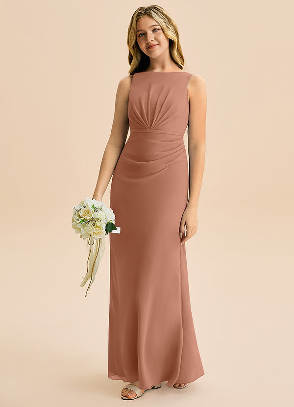 Azazie Floris Junior Robe Trapèze en Mousseline de soie Plissée Bronze image1