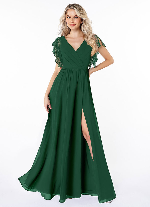 Azazie Zella Robes Demoiselle d'honneur Robe Trapèze en Mousseline de soie Dentelle Vert Foncé image1