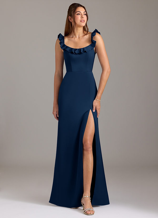 Azazie Callie Bridesmaid Dresses Dark Navy A-Line Ruched Stretch Satin Convertible Dress image1