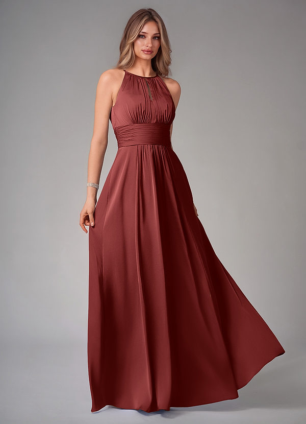 Azazie Bonnie Vestidos de dama de honor Vestido Terracota de Satén Elástico de Línea A con Plisado image1