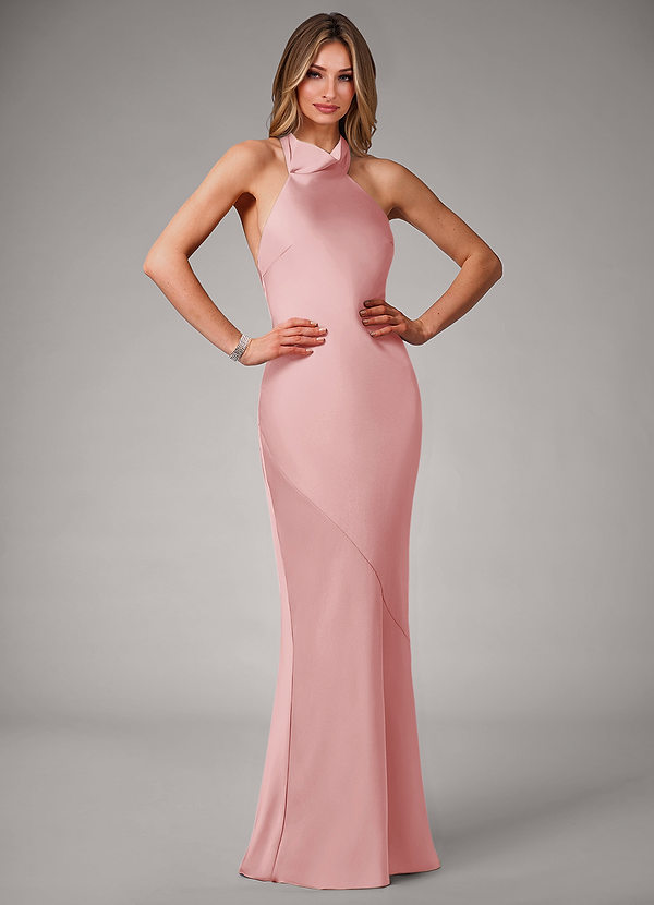 Azazie Velli Brudtärneklänningar Klä av Sjöjungfru i Stretch Satin Hög hals Puderrosa image1