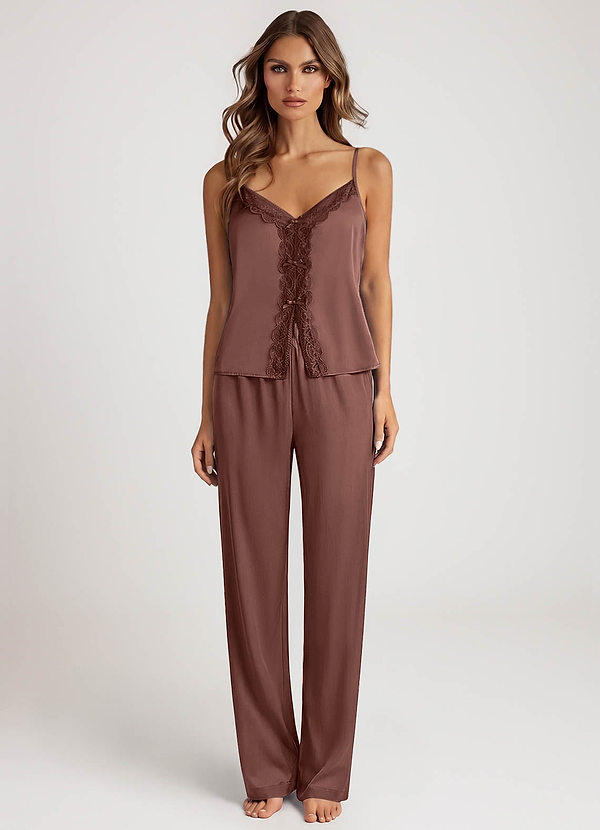 front Espresso Eyelash Lace V-Neck Satin Cami & Wide Leg Pants Bridal Pajama Set