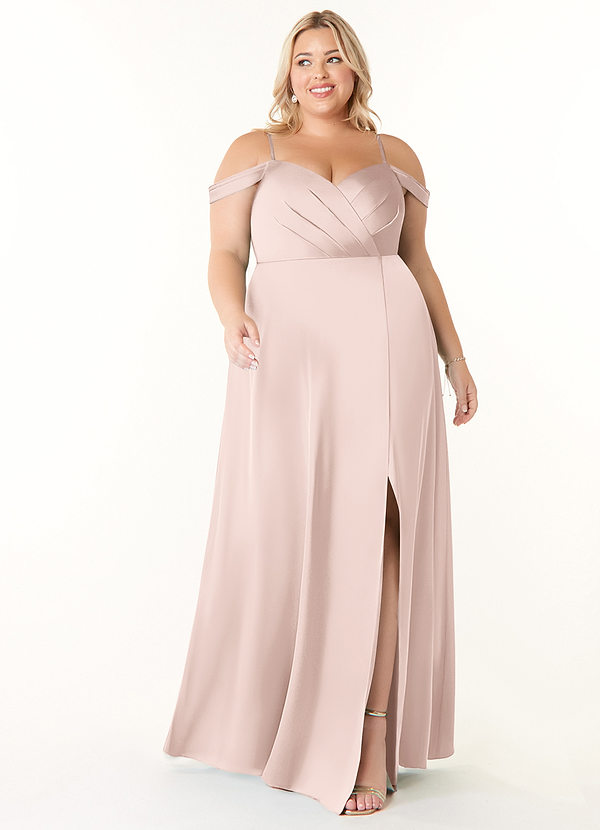 Azazie Ocean Brautjungfernkleider A-Linie V-Hals Gefaltet Stretch-Satin Kleid Zartrosa image1