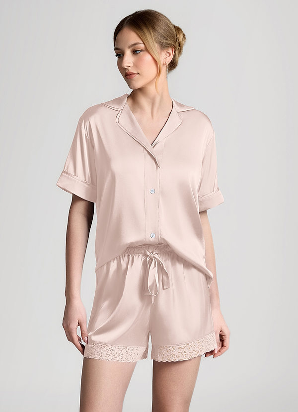 front Rodnande Rosa Pyjamasset med kort ärm och satinspetskant