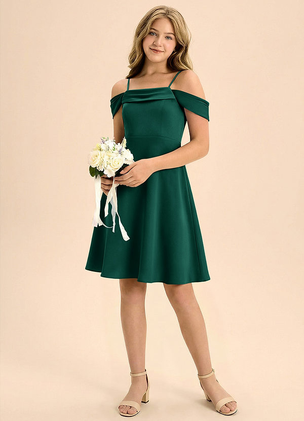 Azazie Anselie Junior Emerald A-Line Pleated Stretch Satin Dress image1