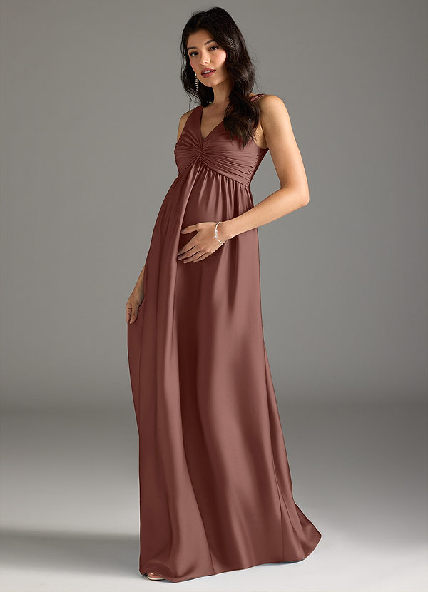 Azazie Yetta Maternity Bridesmaid Dresses A-Line Pleated Stretch Satin Floor-Length Dress image1