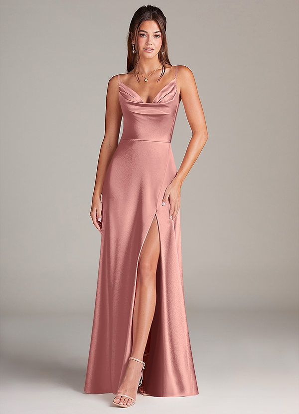 Azazie Sarella Bridesmaid Dresses Rosette A-Line Pleated Stretch Satin Dress image1