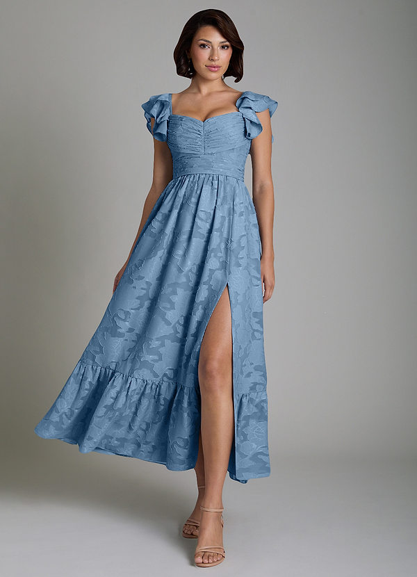 Azazie Anaya Bridesmaid Dresses Steel Blue A-Line Ruched Floral Burnout Dress image1