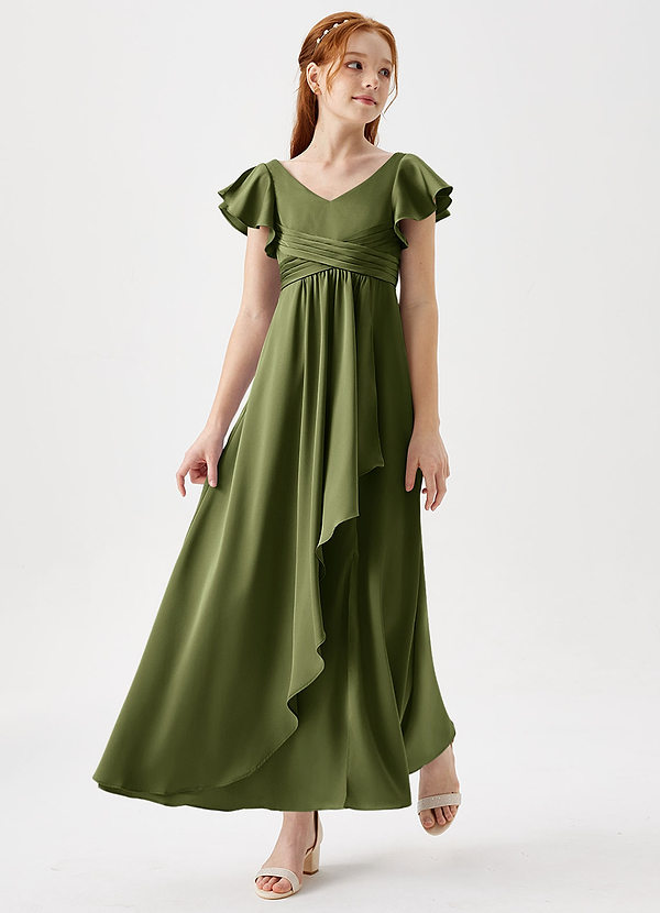 Azazie Omari Junior Olive A-Line Pleated Stretch Satin Dress image1