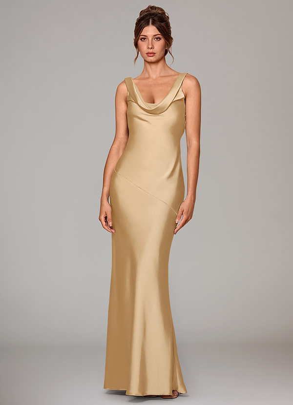 Azazie Rylina Bridesmaid Dresses Gold Mermaid Stretch Satin Dress image1