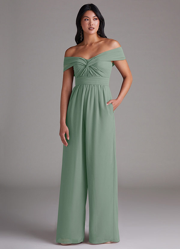 Azazie Lamara Bridesmaid Dresses Silver Sage Off the Shoulder Chiffon Convertible Jumpsuit image1