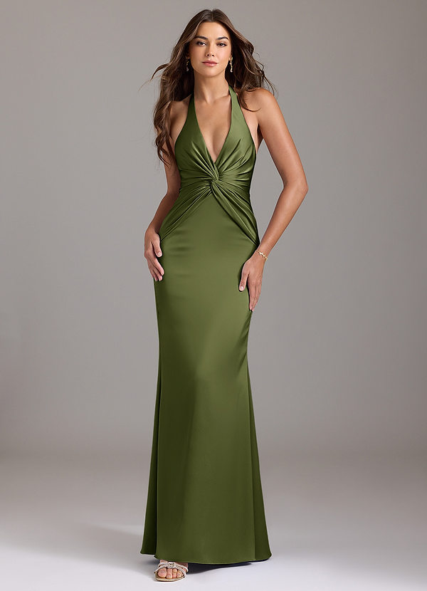 Azazie Valerie Bridesmaid Dresses Olive Mermaid Pleated Stretch Satin Dress image1