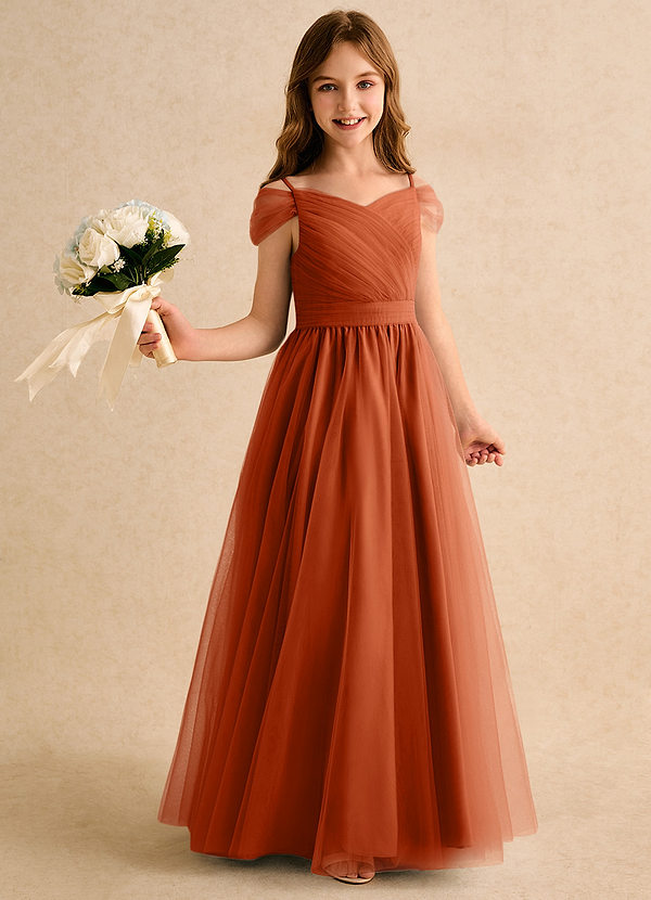 Azazie Yuna Junior Formal Flower Girl Dresses Burnt Orange A-Line Off the Shoulder Tulle Dress image1