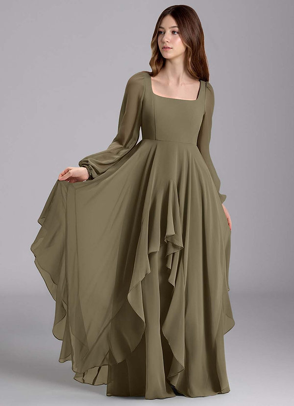 Azazie Clara Junior Vestido de Verde Sauce de Gasa de Corte en A con Blusón image1