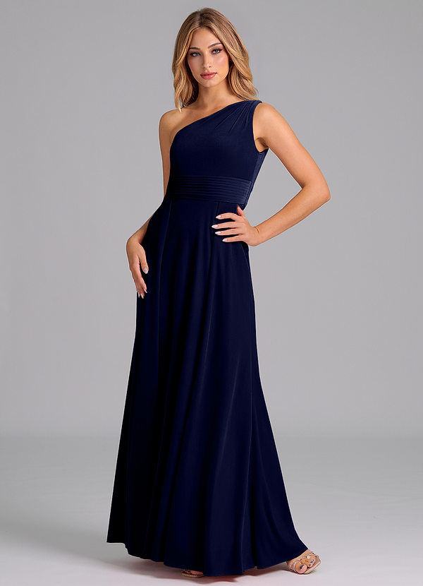 Azazie Dallas Robes Demoiselle d'honneur Robe Trapèze en velours Ue épaule Bleu Marine Foncé image1