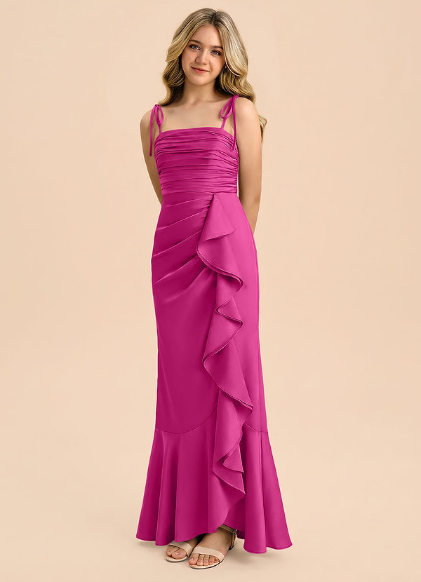 Azazie Ryan Junior Fuchsia Sheath Bow Stretch Satin Dress image1