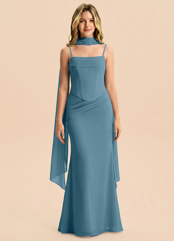 Azazie Sorrel Junior Meerjungfrau-Linie Plissee Chiffon Kleid Bermudablau image1