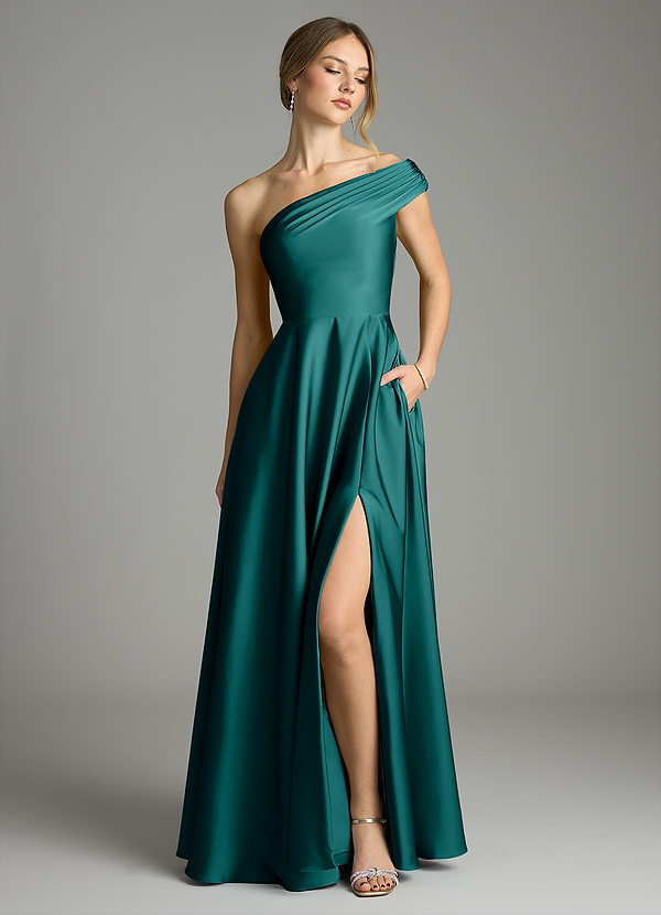 Azazie Melanie Suknie dla druhen Linia A Zza ramienia Satyna elastyczna Do ziemi Sukienka image1