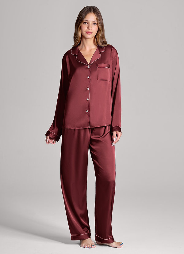 front Matching Color Long Sleeves and Pants Satin PJ Set