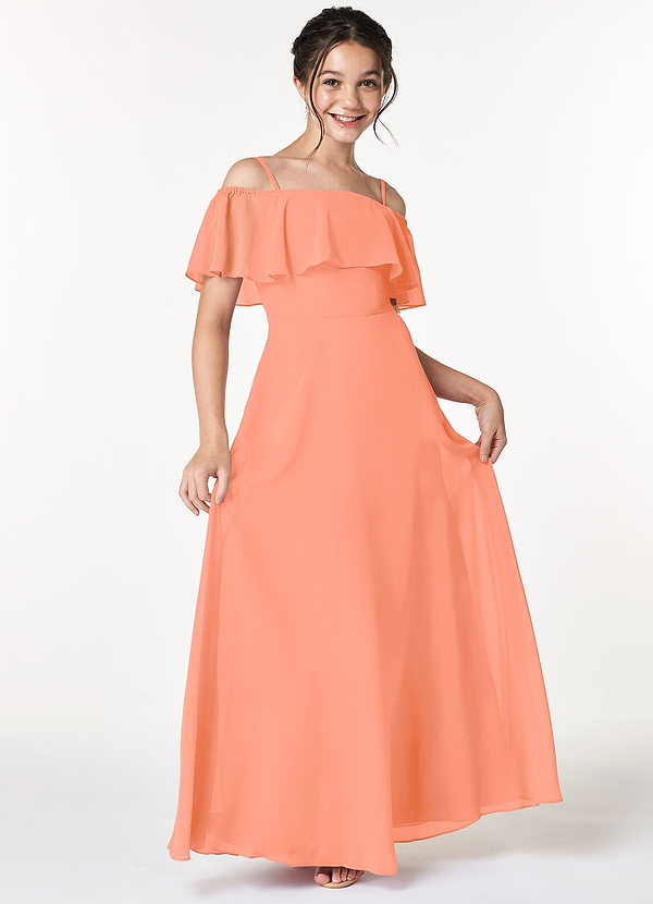Azazie Maggie Junior A-Linie Schulterfrei Chiffon Kleid Sonnenuntergang image1