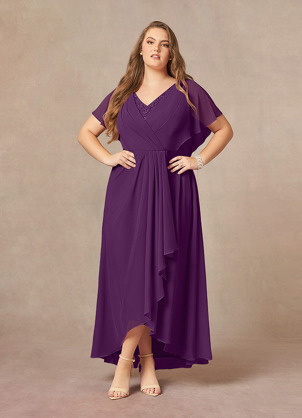 Azazie Eliza Mother of the Brides Dresses Grape A-Line V-Neck Pleated Chiffon Dress image1