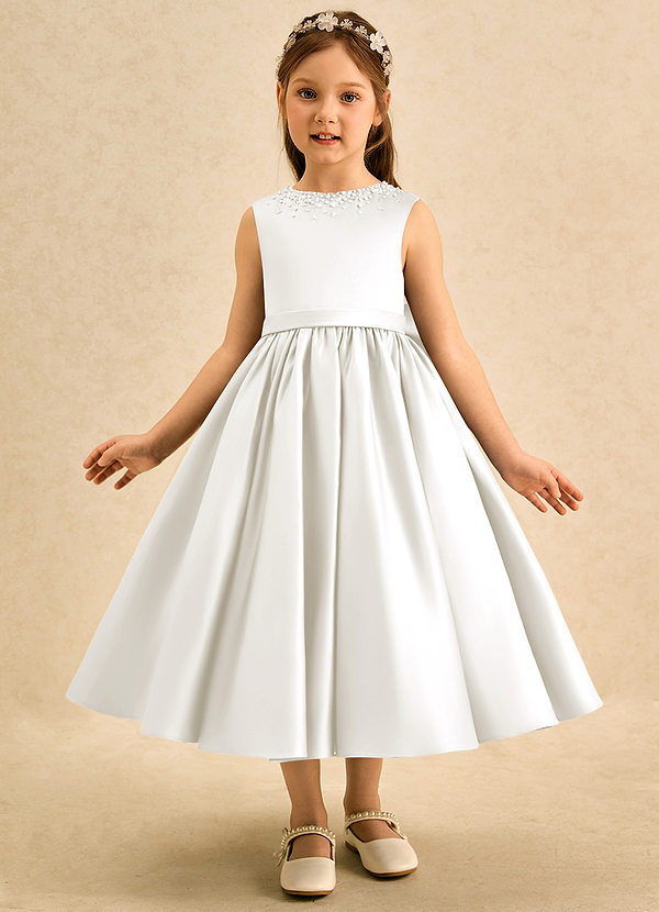 Azazie Doodle Flower Girl Dresses Ivory Ball-Gown Bow Matte Satin Dress image1