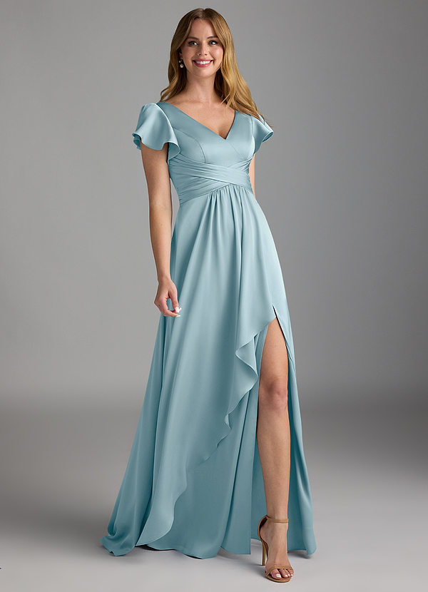 Azazie Omari Bruidsmeisjes Jurken Jurk van Stretch Satijn met A-Lijn Mystiek Blauw image1