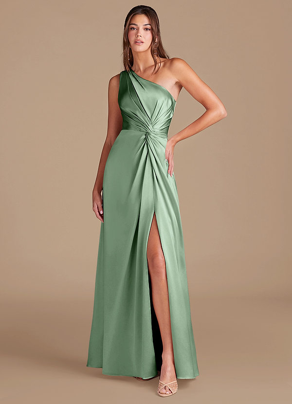 Azazie Brooke Bruidsmeisjes Jurken Jurk van Metaalachtig Satijn met A-Lijn One-Shoulder Matcha image1